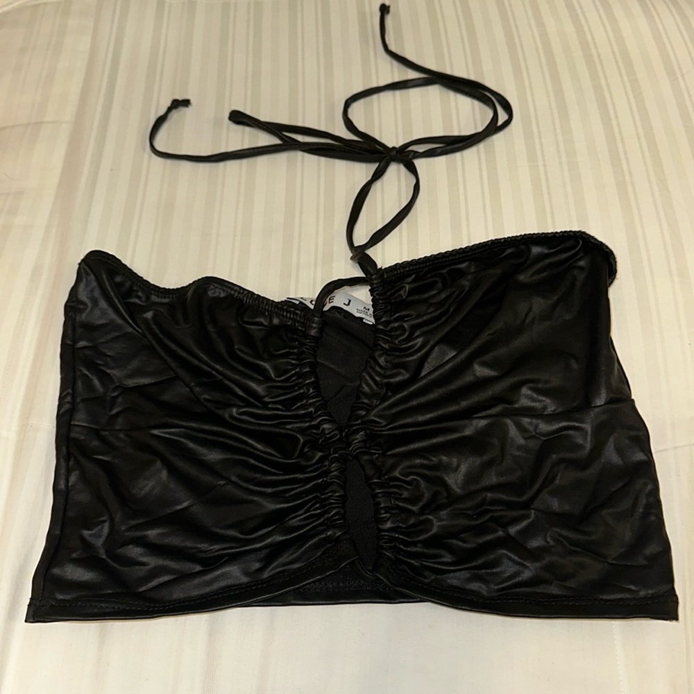 Tie around neck faux leather top
